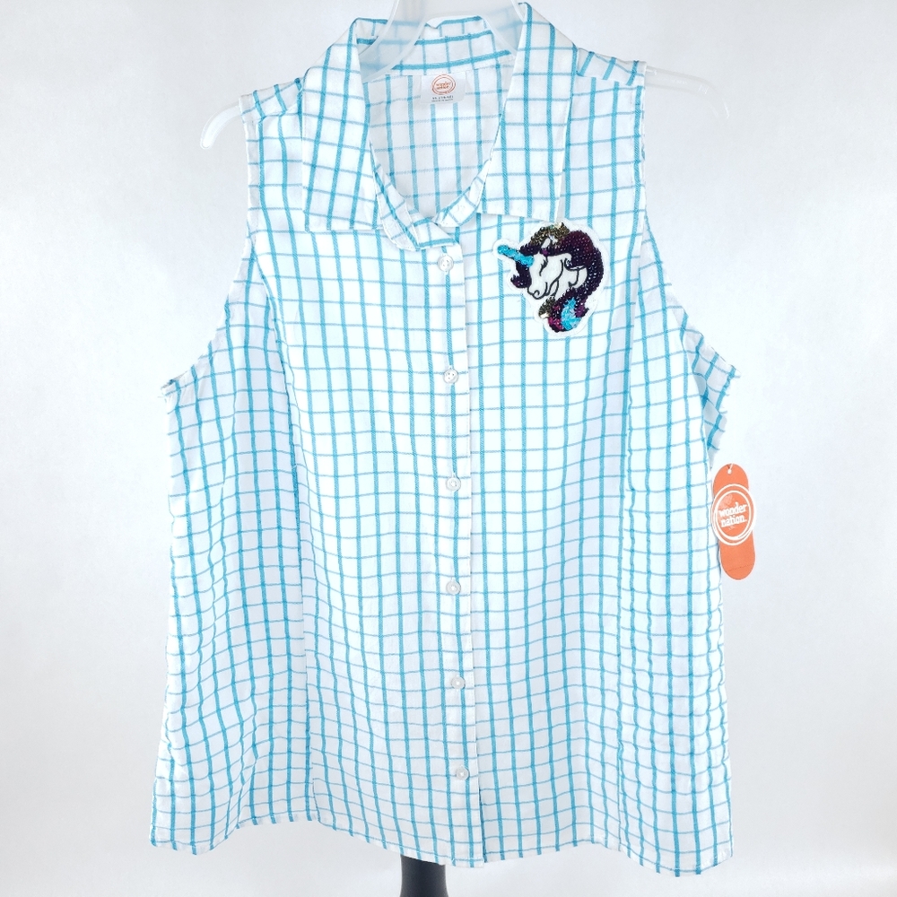 Girls Large Lightweight Gingham Flip Sequin Unicorn Long Button Up Tank Top